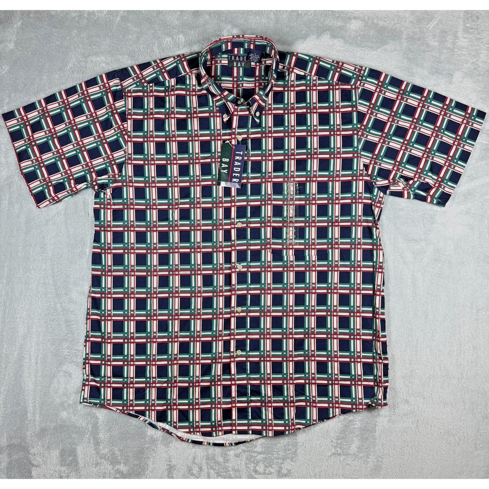 Trader Bay Button Shirt Mens L Navy Red Short Sleeve Cotton NWT Vintage Sears